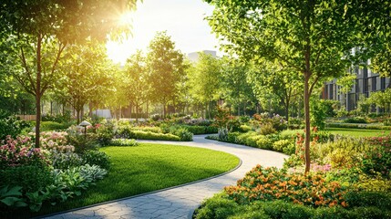 Fototapeta premium Sun-Drenched Garden with Sprawling Lawn at a Hospital Facility