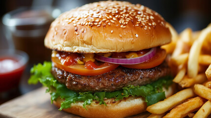 ジューシーなチーズバーガーとフライドポテトの美味しい食事