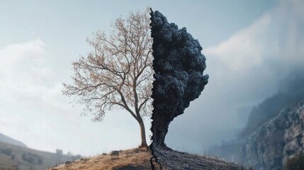 Split tree, half dead, half smoke, symbolizing environmental damage.