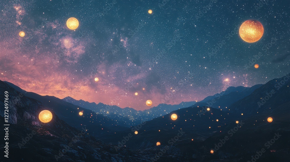 Poster surreal celestial haven with glowing orbs floating in space