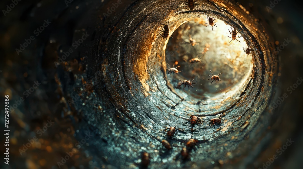 Poster surreal close-up of tiny creatures making home in pipe environment
