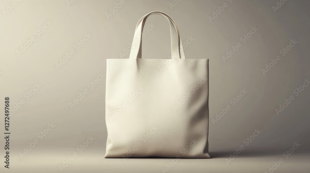 Poster front view of textured beige fabric tote bag with handles on plain backdrop