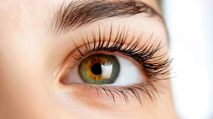 Obraz premium Close-up of a woman's eye with long lashes, soft light, blurred background, conveying quiet introspection. 