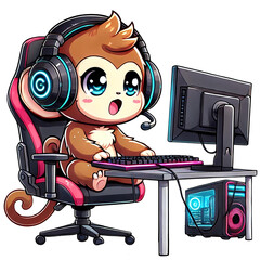 A cute cartoon monkey enjoying gaming at a computer setup.