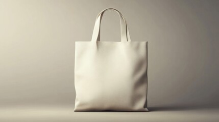 Front View of Textured Beige Fabric Tote Bag with Handles on Plain Backdrop