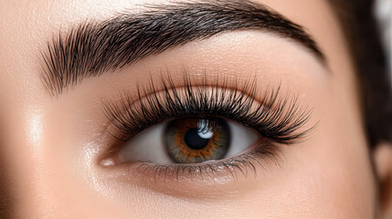 Obraz premium Close-up of a woman's eye with long lashes, soft light, blurred background, conveying quiet introspection. 