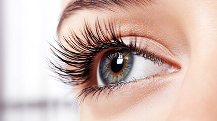 Obraz premium Close-up of a woman's eye with long lashes, soft light, blurred background, conveying quiet introspection. 