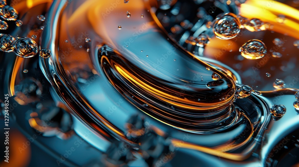 Poster close-up of engine oils with bubbles and fluid dynamics in motion