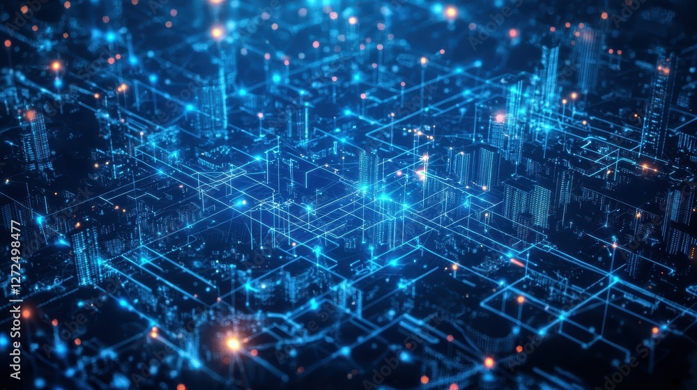 Aufkleber blueprint of a smart city with technical engineering concepts