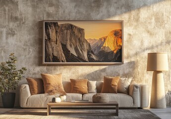 Serene Living Room with Mountain Landscape Artwork and Cozy Decor