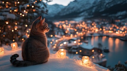 Festive cat gazing at snowy village lights