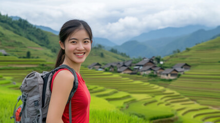 Naklejka premium Japanese woman in red t-shirt smiling enjoying outdoor activity at rice field and terraces in the mountain
