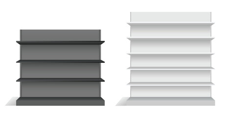 Set of Realistic Retail Store Display Shelving Units isolated on white  