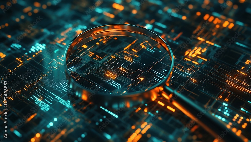 Poster magnifying glass reveals digital circuitry's intricate details with glowing lines, exploring technol