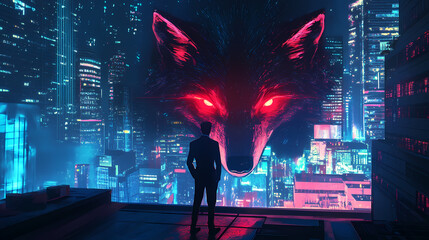 Man in a suit standing on a rooftop with a futuristic anime cyber-wolf featuring neon red eyes in a vibrant urban landscape. Mystical Neon Landscapes. Illustration