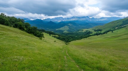 Fototapeta premium Breathtaking Panoramic View of Lush Green Valley Surrounded by Majestic Mountains : Generative AI