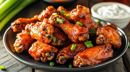 Fototapeta premium Tempting Plate of Spicy Fried Chicken Wings with Green Onions