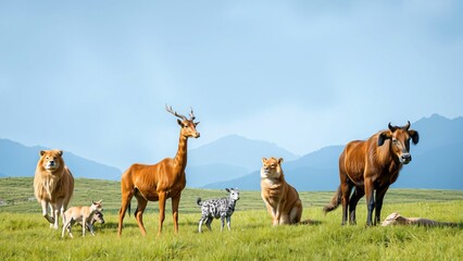 Majestic Animals in Harmony on a Serene Meadow Landscape