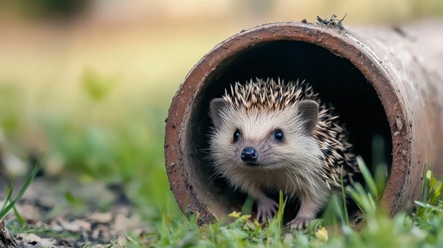 Tiny Hedgehog Emerging from Narrow Metal Pipe in Outdoor Setting