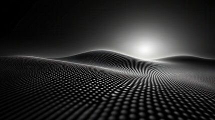 Abstract grayscale landscape with textured hills and bright light source.