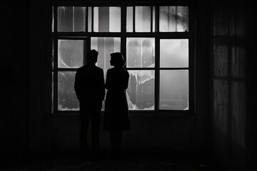 Silhouetted couple stands by a large, damaged window in a dark room, gazing out at a muted landscape.  A poignant moment of reflection.