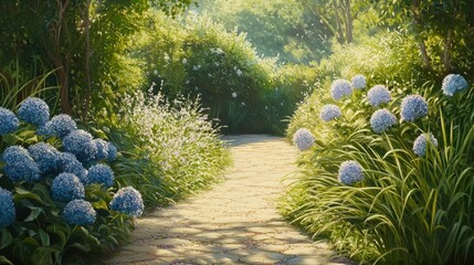Serene Garden Path Flanked by Blooming Hydrangeas and Lush Foliage