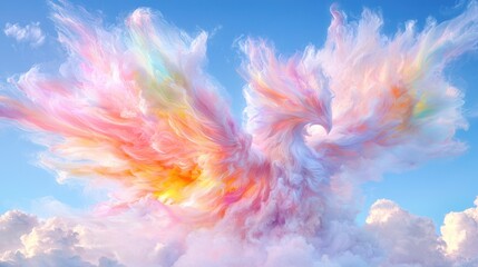 Fototapeta premium Majestic phoenix bird formed from vibrant pastel clouds soaring high in the bright blue sky.