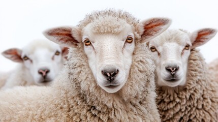 Close-up of three sheep, focused on faces, outdoors.  Possible use Stock photography