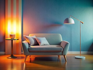 Minimalist Gray Living Room Interior Design: Sofa, Wooden Chair, Floor Lamp