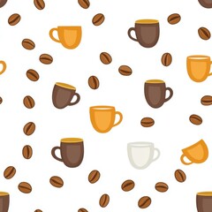 Obraz premium Seamless minimal illustration of drink. A playful pattern featuring various coffee cups and beans, perfect for coffee lovers and design enthusiasts.