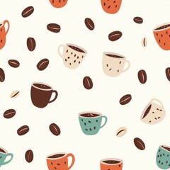 Obraz premium Seamless minimal illustration of drink. A whimsical pattern featuring colorful coffee cups and coffee beans on a light background, perfect for coffee lovers and aesthetic designs.