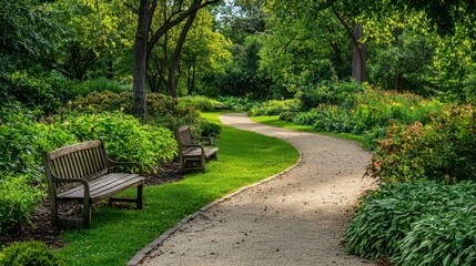 Fototapeta premium Tranquil Garden Path with Gentle Curves Surrounded by Lush Foliage