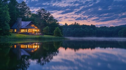 Fototapeta premium Tranquil Lakeside Haven at Dusk with Reflective Water and Trees