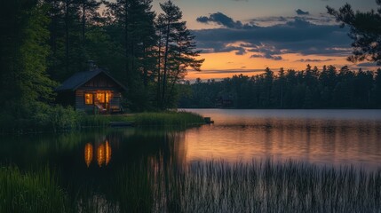 Obraz premium Tranquil Lakeside Haven at Dusk with Reflective Water Surface