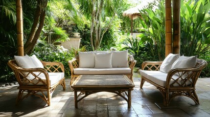 Fototapeta premium Tranquil Outdoor Patio with Bamboo Furniture and Lush Greenery