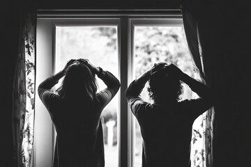 Silhouette of a young woman and man standing at a window, hands on their heads, lost in thought. Black and white photography.