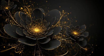 Elegant black and gold flowers with sparkling golden accents radiate beauty