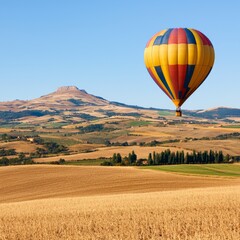 Fototapeta premium Colorful hot air balloon soaring over golden fields with rolling hills in the background
