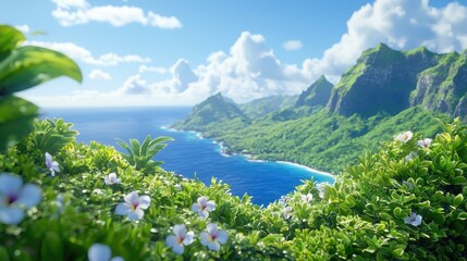 Naklejka premium Tropical island paradise ocean view, lush vegetation, sunny sky, travel brochure