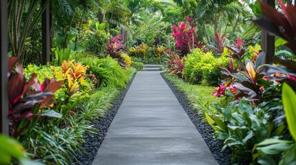 Vibrant Garden Pathway in Contemporary Tropical Setting