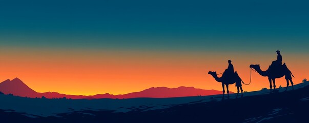 Silhouette of two riders atop camels beneath a colorful sunset