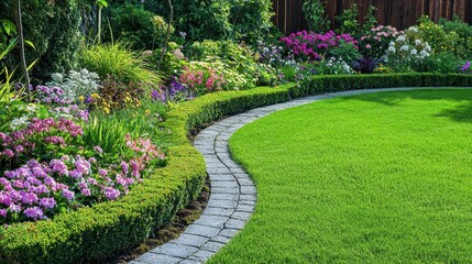 Vibrant Garden Pathway Lined with Manicured Hedges and Flowers