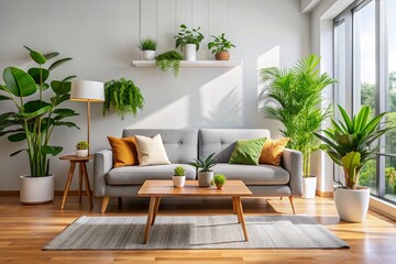 Minimalist Modern Living Room: Stylish Sofa, Cozy Pillows, Lush Plants