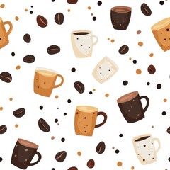 Obraz premium Seamless minimal illustration of drink. A playful pattern featuring various coffee mugs and coffee beans against a white background, perfect for coffee lovers.
