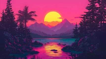 Fotobehang Sunset over lake, mountains, palm trees. Peaceful landscape for travel brochures © Muh Saleh
