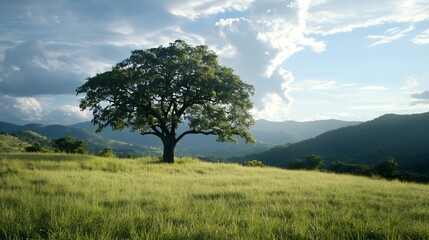 Obraz premium Lone tree on green field surrounded by mountains under cloudy sky : Generative AI