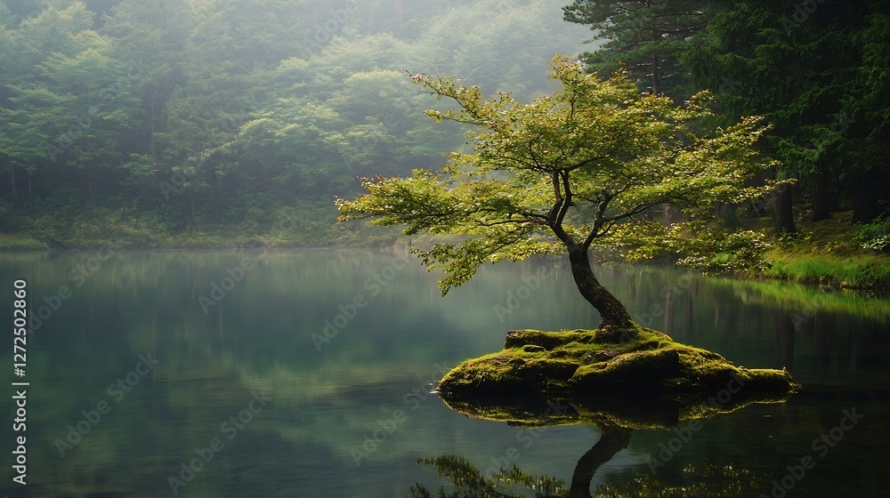 Poster solitary tree in calm lake surrounded by misty forest creating a peaceful landscape scene : generati