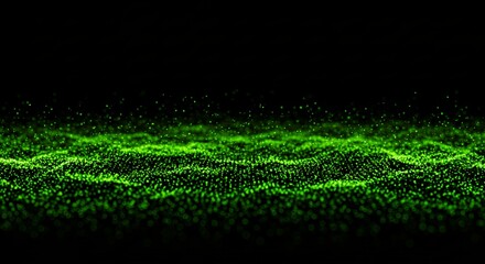 Green shimmering particles form an abstract wave against black background