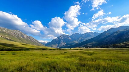 Fototapeta premium Breathtaking Scenic Landscape of Green Mountains and Blue Sky : Generative AI