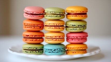 Fototapeta premium Colorful macarons stacked on a plate, showcasing vibrant hues and textures (2)